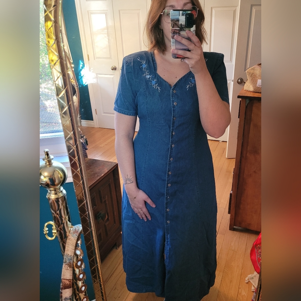 Vintage Blue Denim Dress with Embroidery